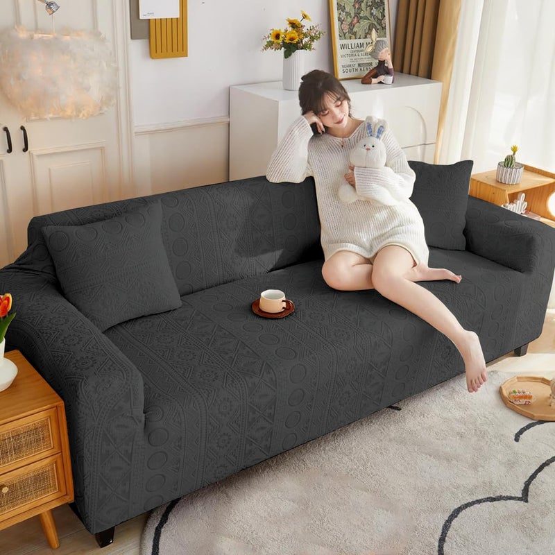Lukzer Universal 3 Seater Jacquard Sofa Cover with 2 Cushion Covers Soft Touching Flexible Stretch Slipcover (Pastel Dark Grey Tribal Pattern/SC-137-03/180-230cm) (220 GSM) - Image 3