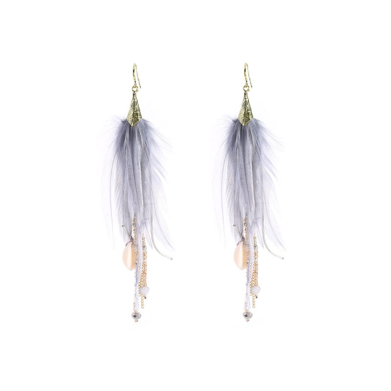 Badu Bohemian Light Gray Feather Dangle Earrings for Women with Shell Beads Long Tassel Design Drop Earrings - Image 1