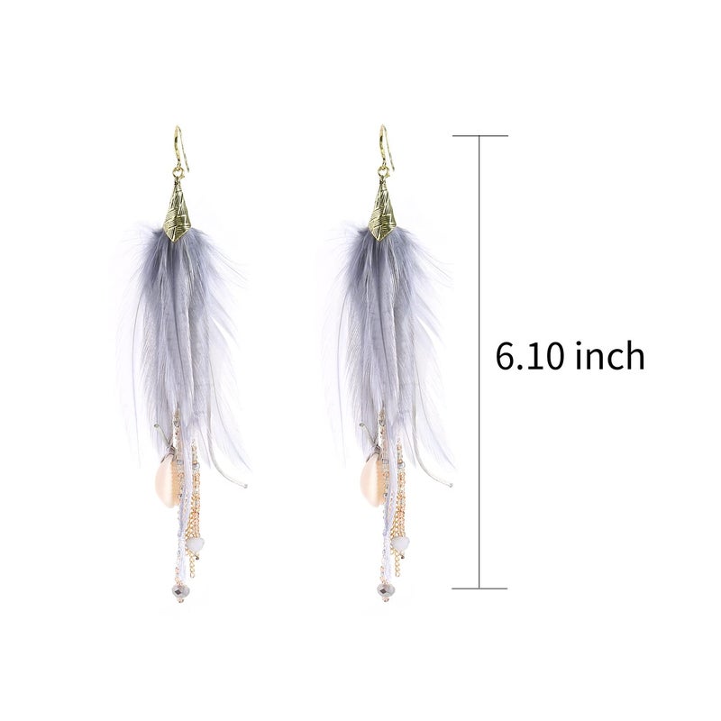 Badu Bohemian Light Gray Feather Dangle Earrings for Women with Shell Beads Long Tassel Design Drop Earrings - Image 2
