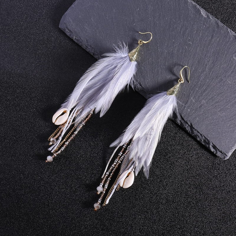 Badu Bohemian Light Gray Feather Dangle Earrings for Women with Shell Beads Long Tassel Design Drop Earrings - Image 4