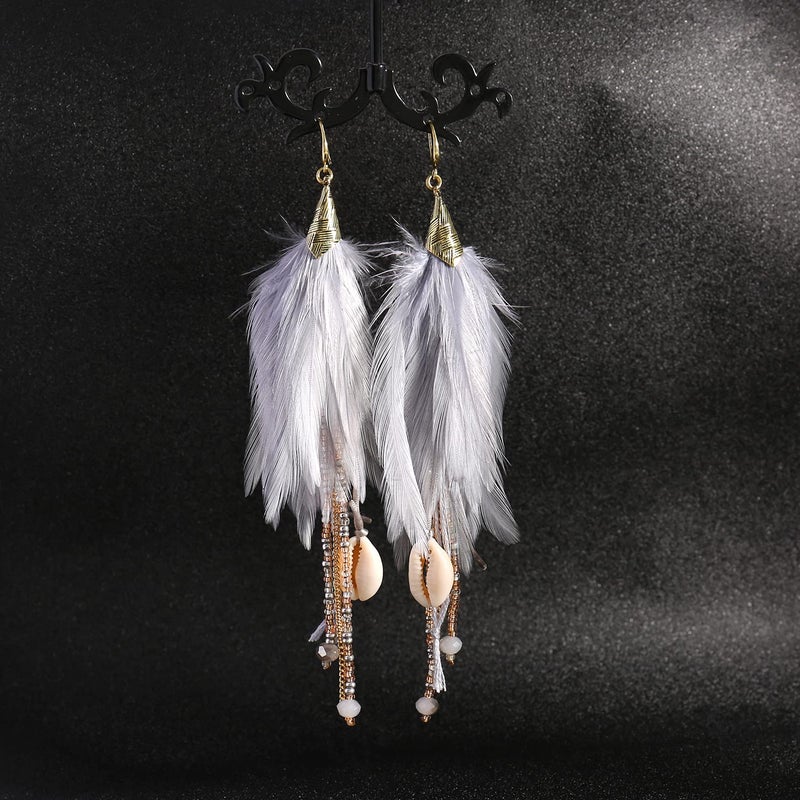 Badu Bohemian Light Gray Feather Dangle Earrings for Women with Shell Beads Long Tassel Design Drop Earrings - Image 5