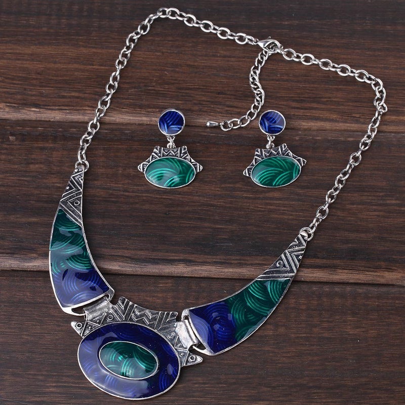 YAZILIND Ethnic Dark Blue Green Embossed Bib Collar Earrings Necklace Jewelry Set Women - Image 3