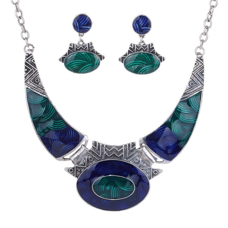 YAZILIND Ethnic Dark Blue Green Embossed Bib Collar Earrings Necklace Jewelry Set Women - Image 1