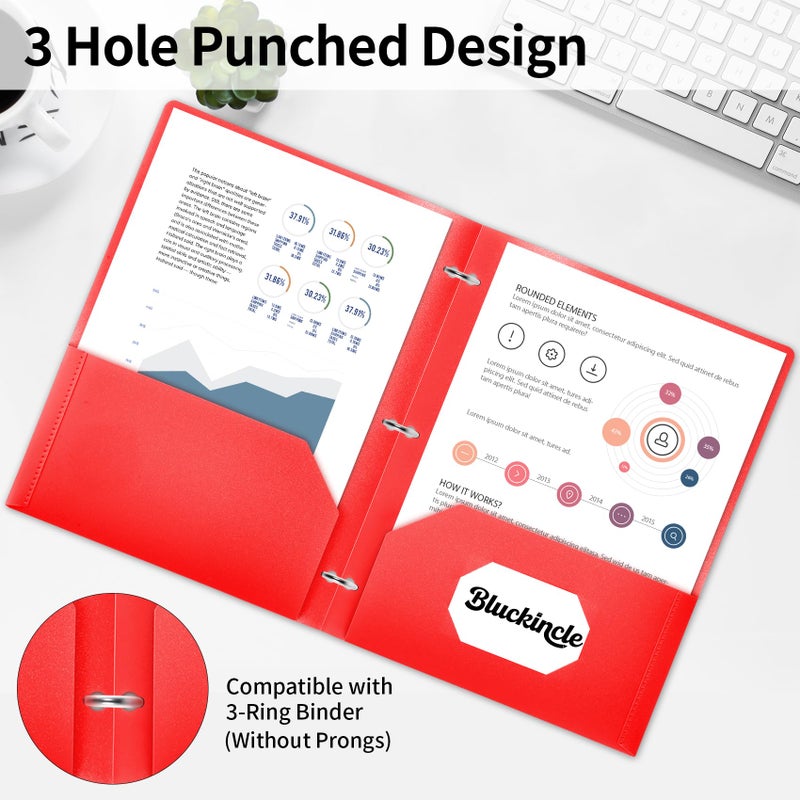 Bluckincle Plastic Folders with Pockets 3 Hole Punched, Pocket Folders for 3 Ring Binder, 6 Pack Colored File Folder for School, Office, Documents, Filing Cabinet, 2 Pocket Blinder Folder with Holes - Image 2