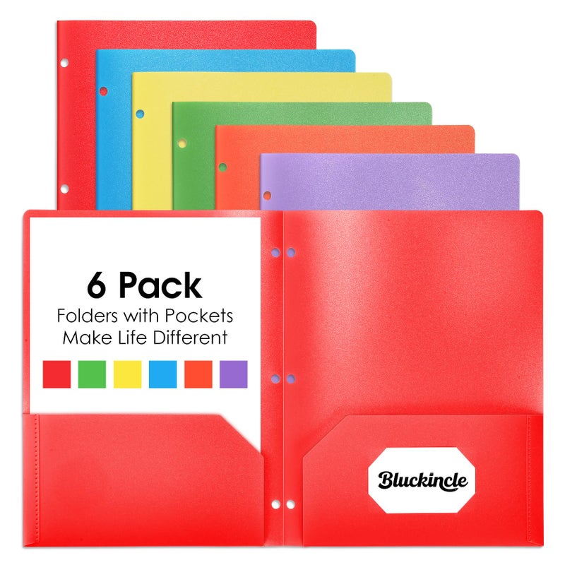 Bluckincle Plastic Folders with Pockets 3 Hole Punched, Pocket Folders for 3 Ring Binder, 6 Pack Colored File Folder for School, Office, Documents, Filing Cabinet, 2 Pocket Blinder Folder with Holes - Image 1