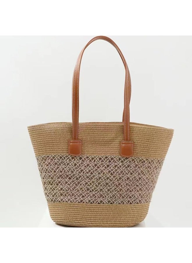 Loquat Summer Seaside Beach Travel Vacation Straw Bag Women's 2025 Fashion Commuting Shoulder Bag Tote Bag Trendy-Color:Hollow-khaki  - Image 5