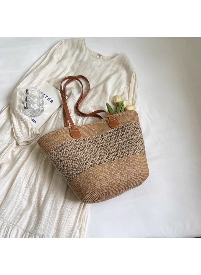 Loquat Summer Seaside Beach Travel Vacation Straw Bag Women's 2025 Fashion Commuting Shoulder Bag Tote Bag Trendy-Color:Hollow-khaki  - Image 1