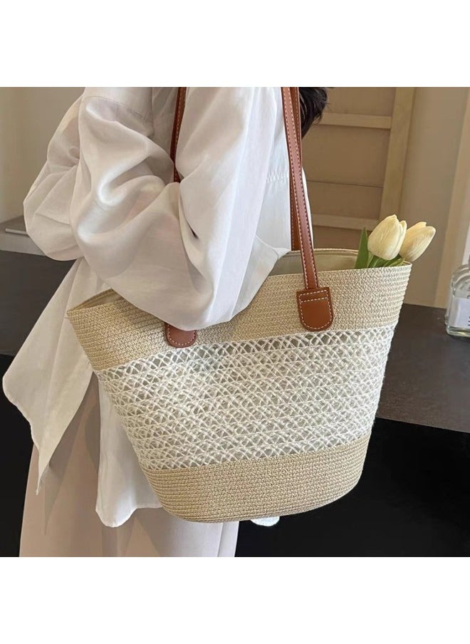 Loquat Summer Seaside Beach Travel Vacation Straw Bag Women's 2025 Fashion Commuting Shoulder Bag Tote Bag Trendy-Color:Hollow-khaki  - Image 2