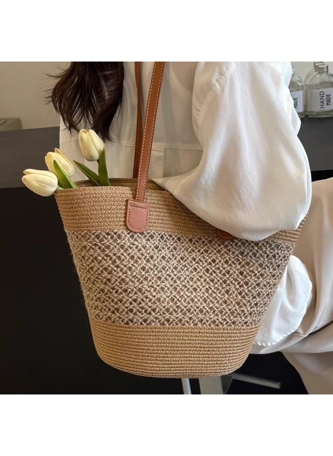 Loquat Summer Seaside Beach Travel Vacation Straw Bag Women's 2025 Fashion Commuting Shoulder Bag Tote Bag Trendy-Color:Hollow-khaki  - Image 3
