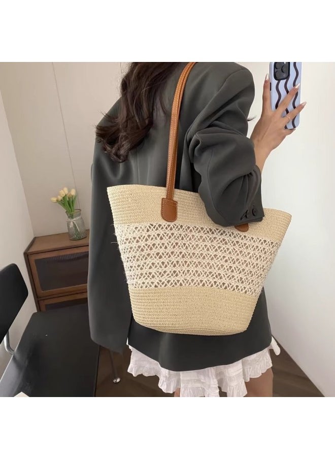 Loquat Summer Seaside Beach Travel Vacation Straw Bag Women's 2025 Fashion Commuting Shoulder Bag Tote Bag Trendy-Color:Hollow-khaki  - Image 4