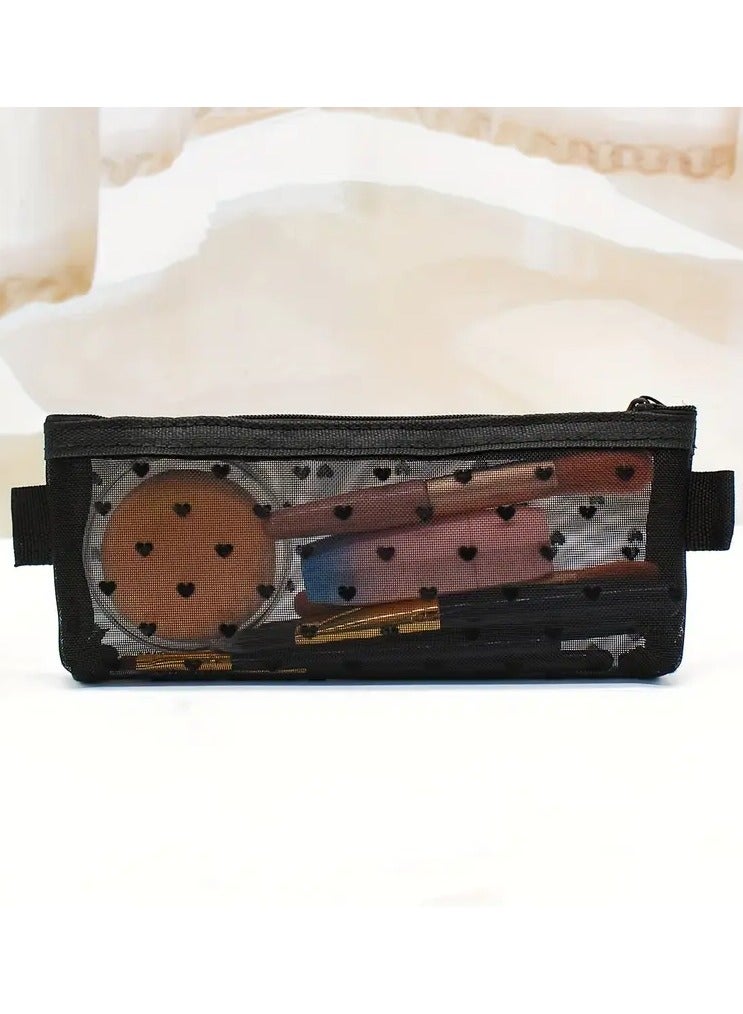 LANGMANNI حقيبة مستحضرات التجميل بشبكة بنمط قلب، منظم فرش المكياج الشفاف المحمول للسفر، حقيبة تخزين أحمر الشفاه للنساء - Image 2