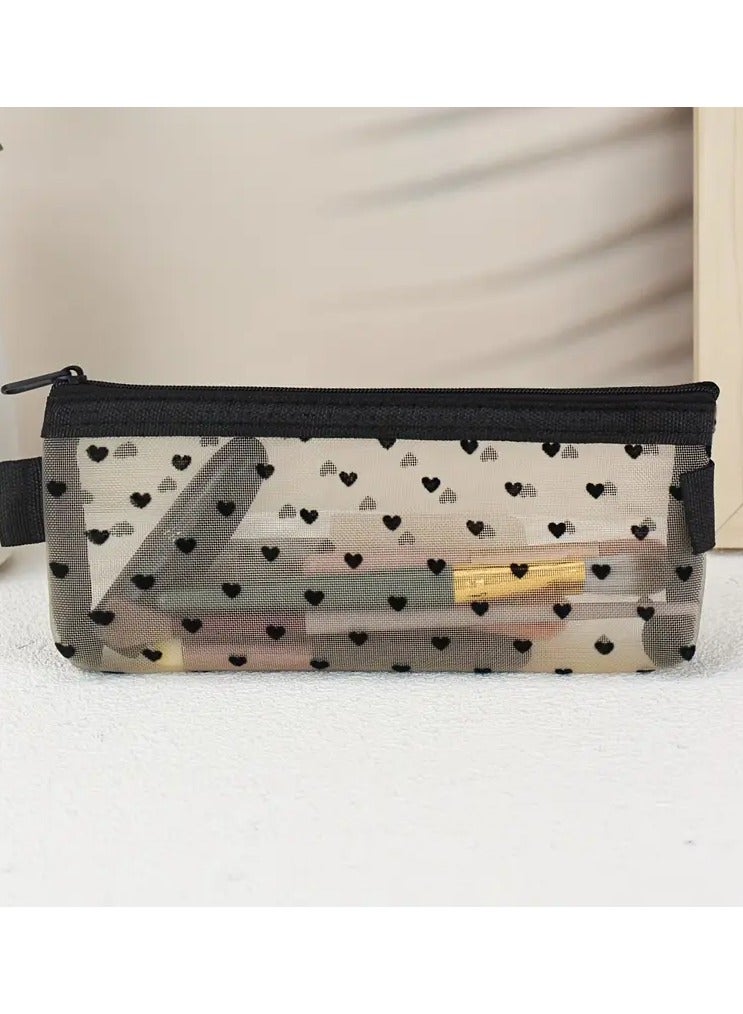 LANGMANNI حقيبة مستحضرات التجميل بشبكة بنمط قلب، منظم فرش المكياج الشفاف المحمول للسفر، حقيبة تخزين أحمر الشفاه للنساء - Image 1