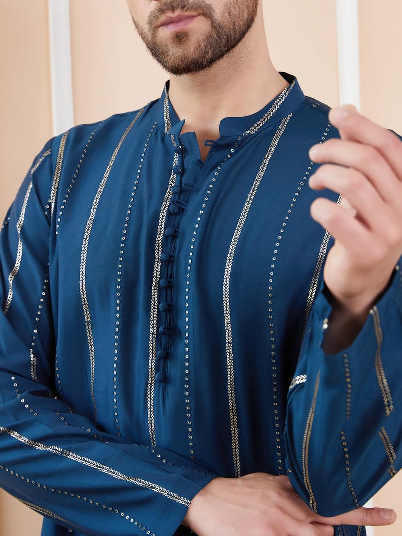 See Designs Men Full Sleeve Side Slit Teal and Gold Chanderi Silk Sequins Mandarin Collar Kurta - SDKT2429XL - Image 2