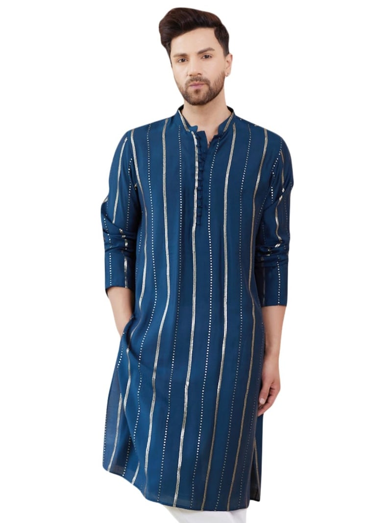 See Designs Men Full Sleeve Side Slit Teal and Gold Chanderi Silk Sequins Mandarin Collar Kurta - SDKT2429XL - Image 1