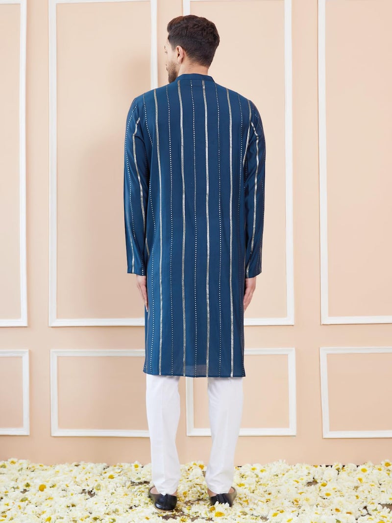 See Designs Men Full Sleeve Side Slit Teal and Gold Chanderi Silk Sequins Mandarin Collar Kurta - SDKT2429XL - Image 4