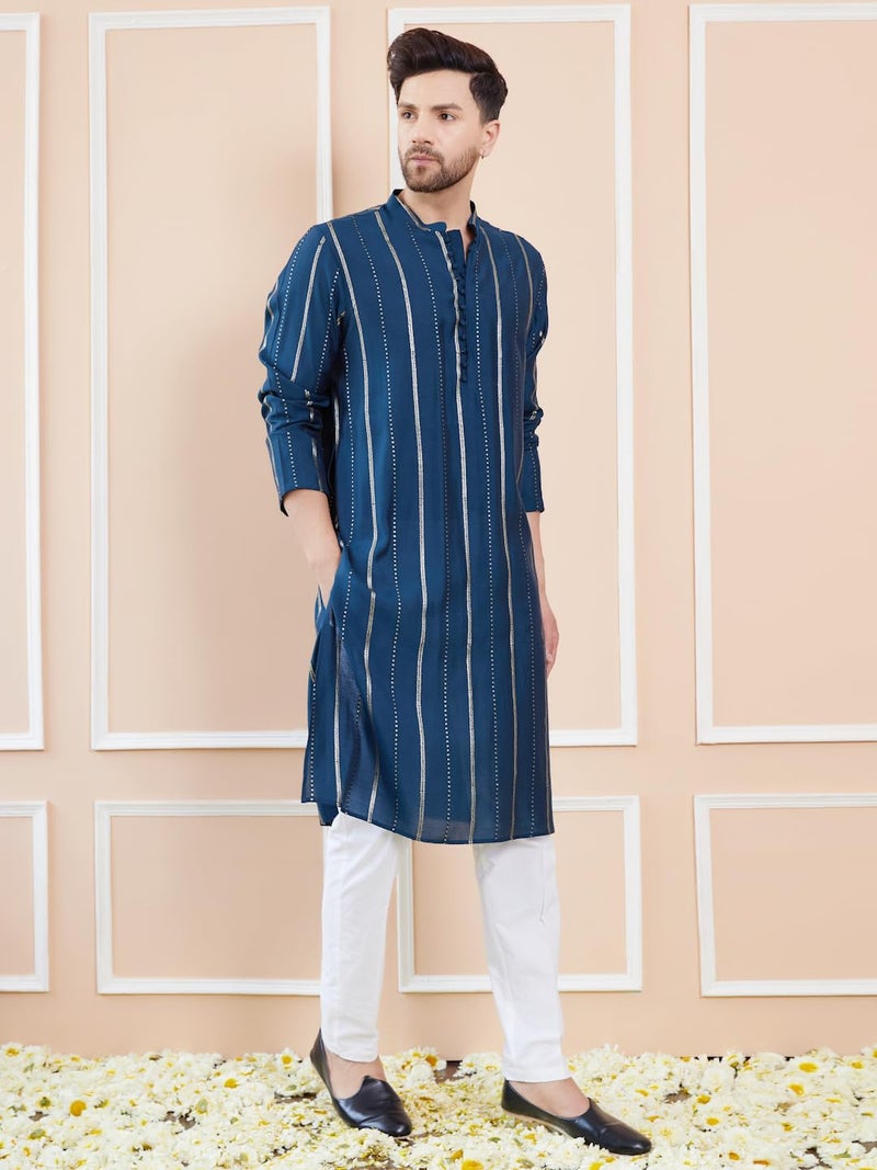 See Designs Men Full Sleeve Side Slit Teal and Gold Chanderi Silk Sequins Mandarin Collar Kurta - SDKT2429XL - Image 3