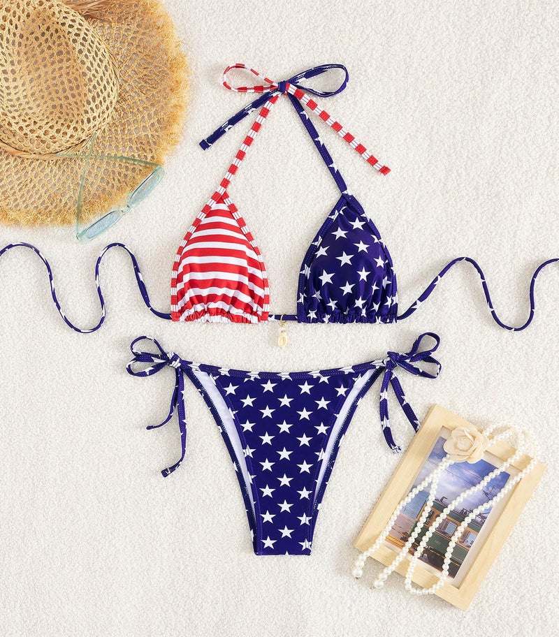 Tainehs Women's Sexy Halter Bikini Set Triangle Top String Swimwear Two Piece Swimsuits Cheeky Bathing Suit American Flag - Image 4