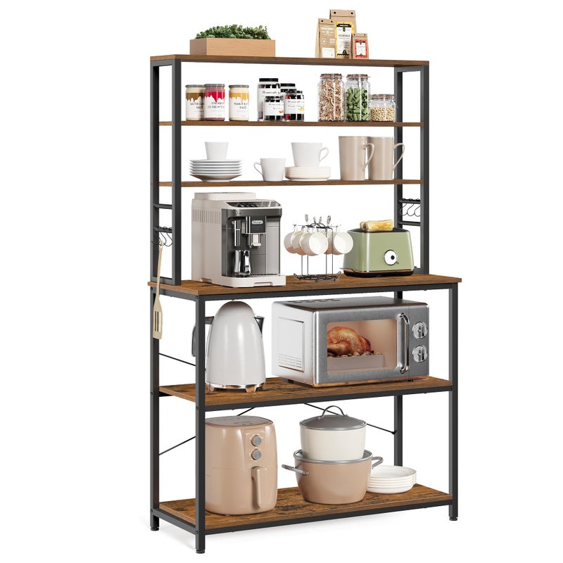 VASAGLE VASAGLE Coffee Bar 394 Inches Bakers Rack for Kitchen with Storage 6Tier Kitchen Shelves with 6 Hooks Microwave Stand Industrial Rustic Brown and Black UKKS039K01