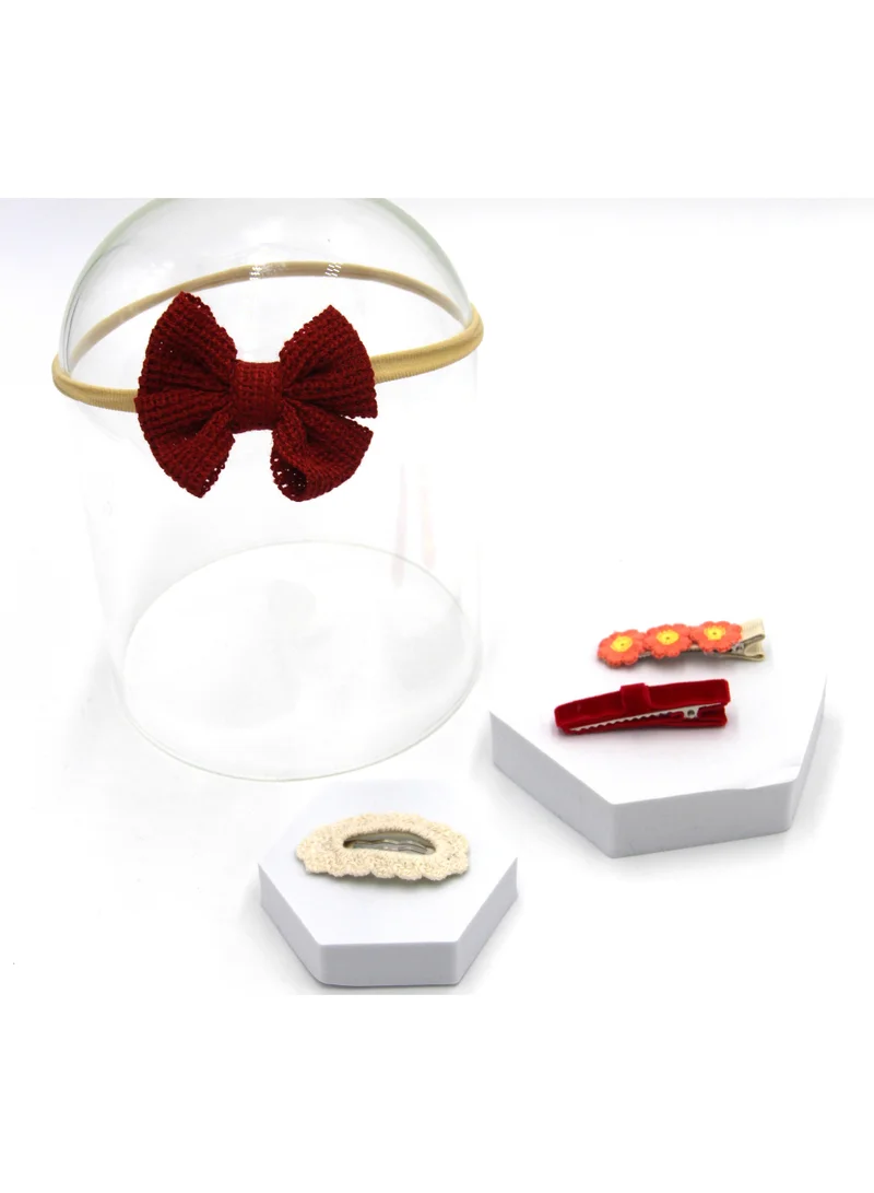 D'Daniela Eira Ribbon Bow Clip Set with Ponytail For Babies and Girls - Maroon