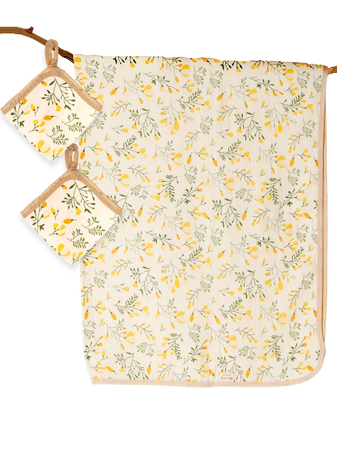 LITTLE SURPRISE BOX Little Surprise Box,Yellow Flower muslin cotton blanket with 2 matching Napkins for Newborn & Infants