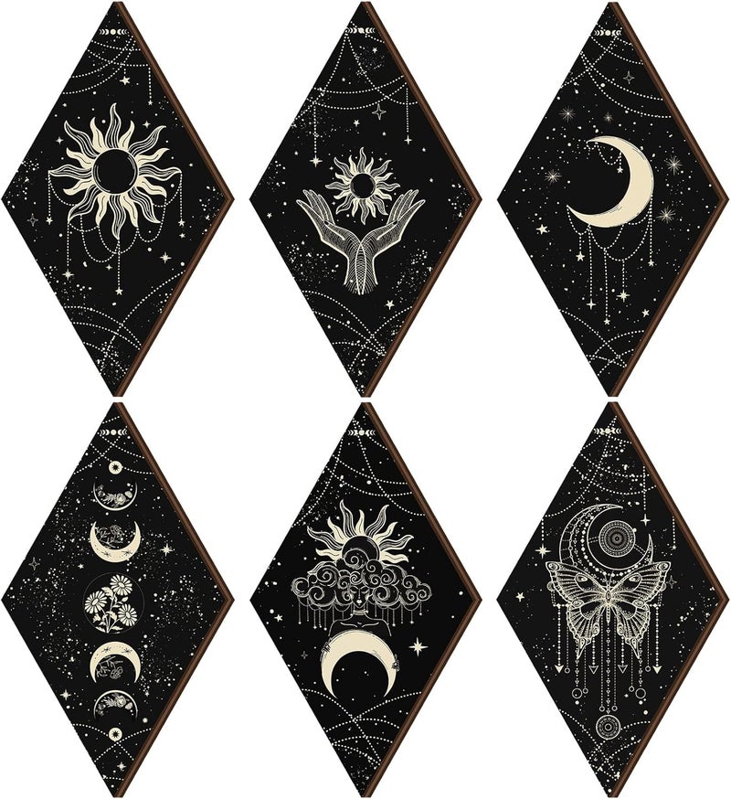 Qunclay 6 قطع ديكور حائط مراحل القمر أسود ذهبي مراحل الشمس فن الفراشة السحري 118 × 67 بوصة لافتة خشبية ريفية معلقة للغرفة هدية عيد الميلاد - Image 1