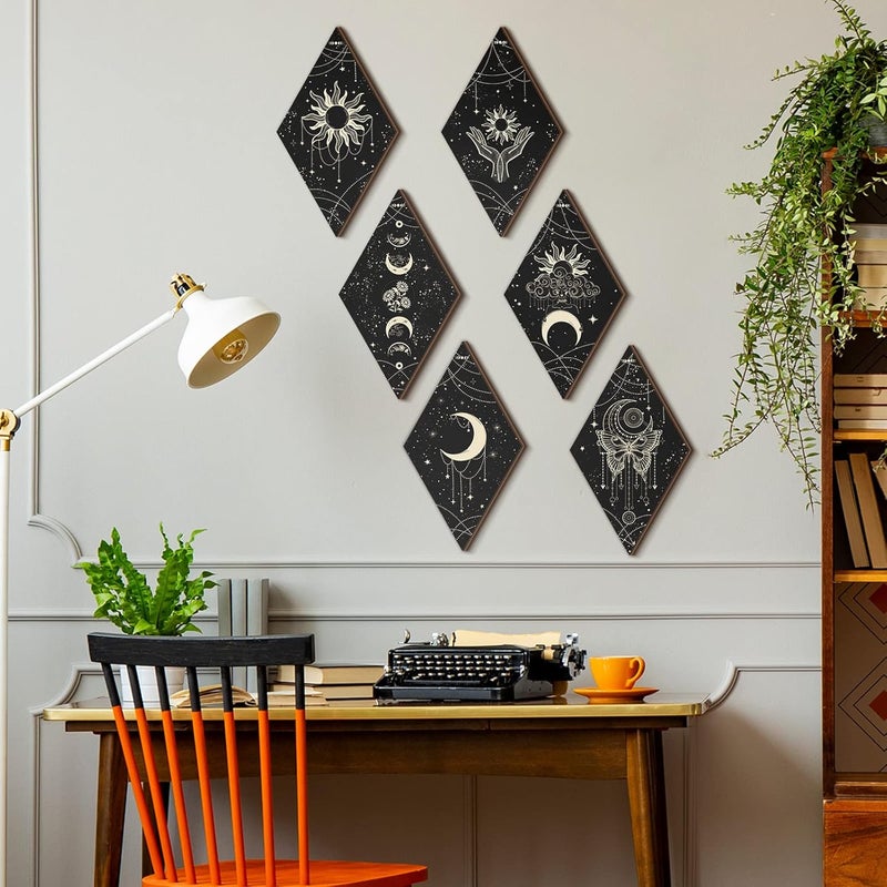 Qunclay 6 قطع ديكور حائط مراحل القمر أسود ذهبي مراحل الشمس فن الفراشة السحري 118 × 67 بوصة لافتة خشبية ريفية معلقة للغرفة هدية عيد الميلاد - Image 5