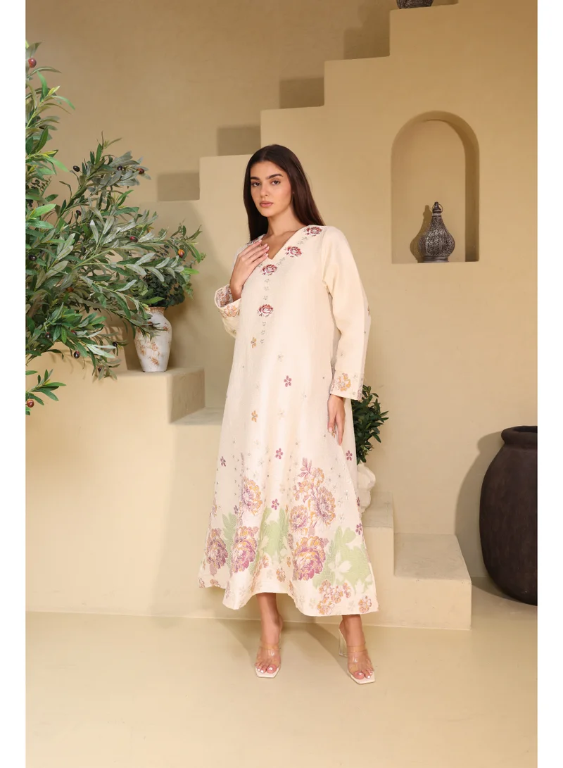 IKKXA Classic Floral Linen Fabric Jalabiya