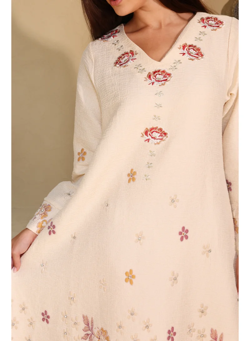 IKKXA Classic Floral Linen Fabric Jalabiya