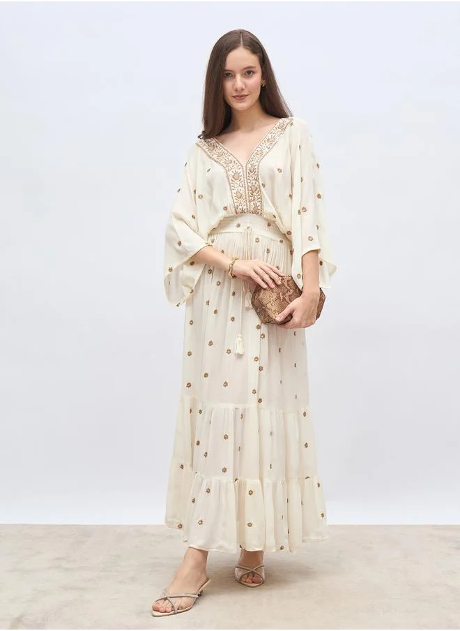 Styli Styli Embroidered Ruffled Hem Smocked Detail A-Line Maxi Dress