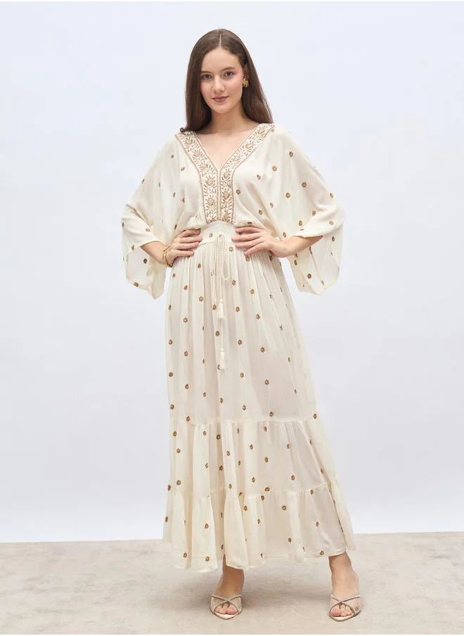 Styli Styli Embroidered Ruffled Hem Smocked Detail A-Line Maxi Dress