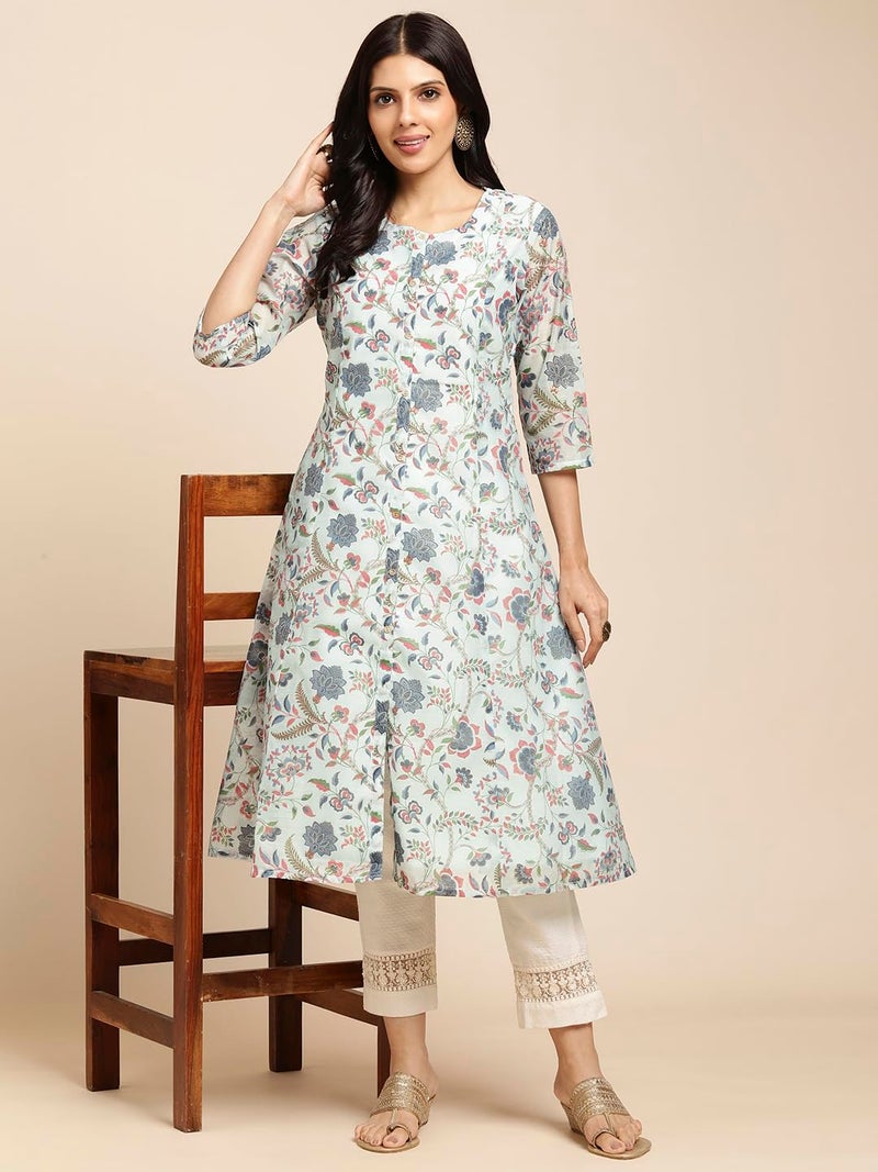 RATAN Women Chanderi Silk Regular Gold Printed Flared Ethnic Wear Kurti (MAHI-018-Medium_Blue) - Image 5