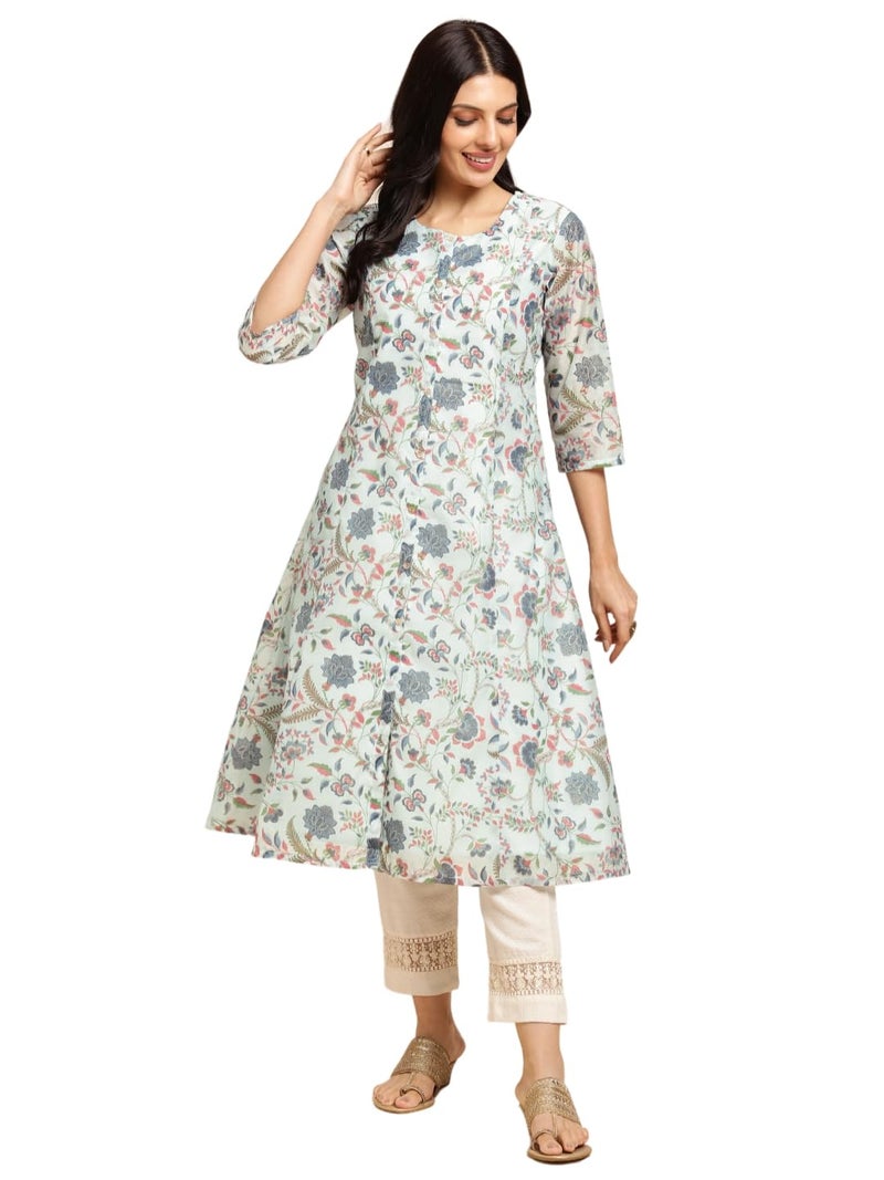 RATAN Women Chanderi Silk Regular Gold Printed Flared Ethnic Wear Kurti (MAHI-018-Medium_Blue) - Image 1