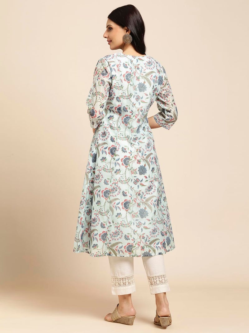 RATAN Women Chanderi Silk Regular Gold Printed Flared Ethnic Wear Kurti (MAHI-018-Medium_Blue) - Image 3