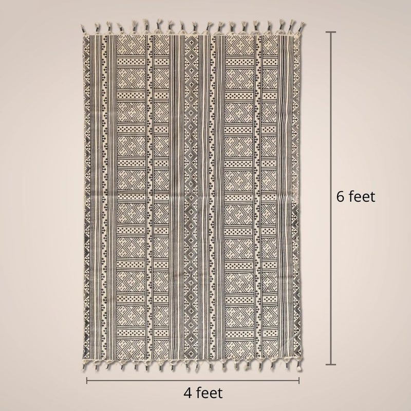 Peepul Tree Jaipuri Handprinted Cotton Rugs for Living Room Handblock Printed Modern Durries for Living Room Cotton Carpets for Living Room Bedroom Floor Rug for BedroomBlack and White 4X6 ft - Image 2