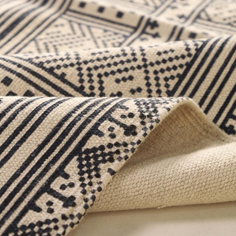 Peepul Tree Jaipuri Handprinted Cotton Rugs for Living Room Handblock Printed Modern Durries for Living Room Cotton Carpets for Living Room Bedroom Floor Rug for BedroomBlack and White 4X6 ft - Image 5
