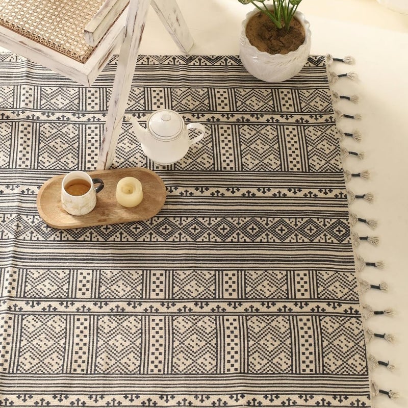 Peepul Tree Jaipuri Handprinted Cotton Rugs for Living Room Handblock Printed Modern Durries for Living Room Cotton Carpets for Living Room Bedroom Floor Rug for BedroomBlack and White 4X6 ft - Image 1