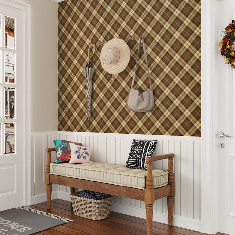 Wallderful Brown Plaid Peel and Stick Wallpaper Vintage Gingham Contact Paper Waterproof Checkered Wallpaper for Accent Walls Non Woven Geometric Wall Paper for Cabinets Bedroom Living Room 17.5"x102" - Image 2