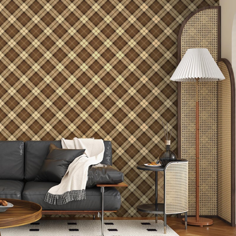 Wallderful Brown Plaid Peel and Stick Wallpaper Vintage Gingham Contact Paper Waterproof Checkered Wallpaper for Accent Walls Non Woven Geometric Wall Paper for Cabinets Bedroom Living Room 17.5"x102" - Image 3
