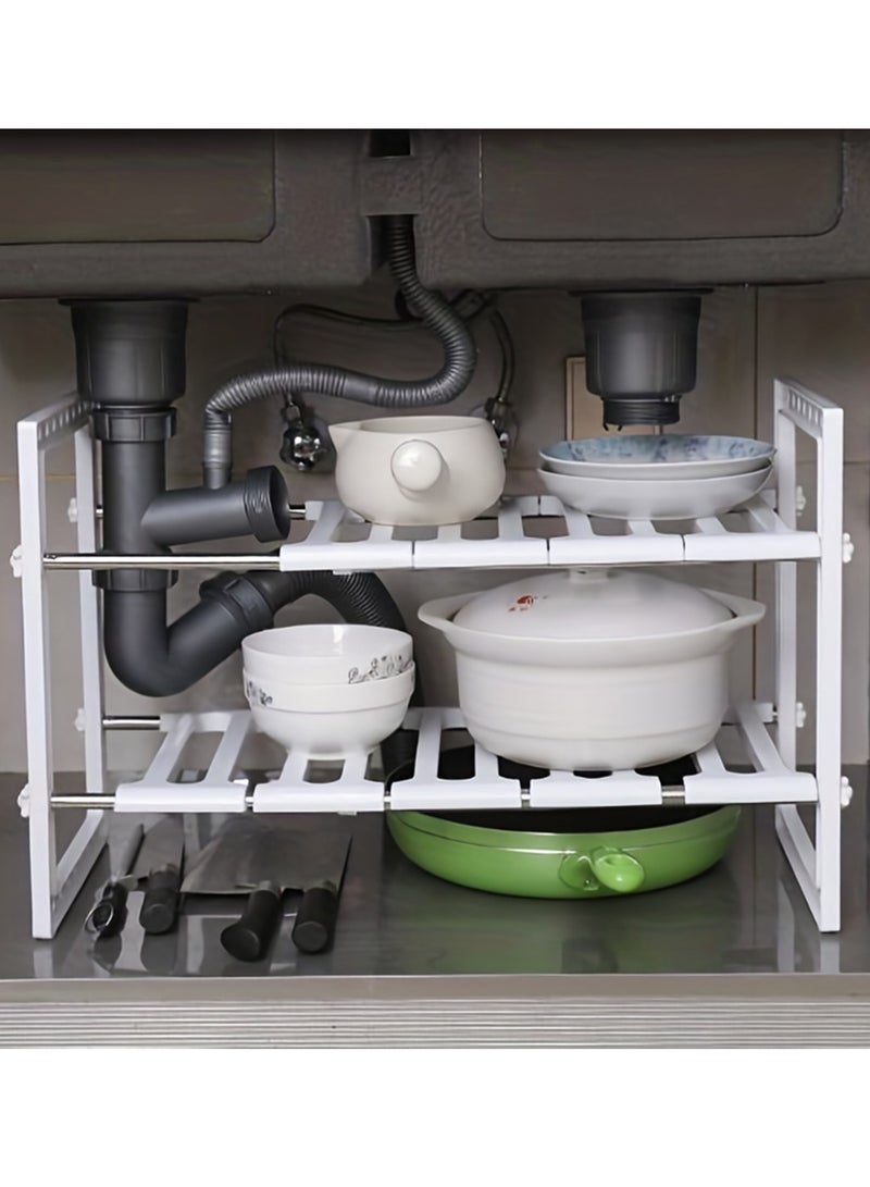RollsTimi  2-Tier Under Sink Storage Rack for Kitchen Supplies and Pot - Retractable and Space Saving - Image 1