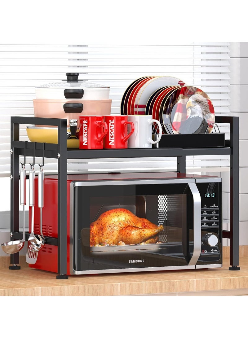 Extendable Microwave Oven Rack, Adjustable Microwave/Toaster Shelf Heavy Duty Stand Kitchen Counter Top Organizer, 2-Tier with 6 Hooks, Black - Image 1