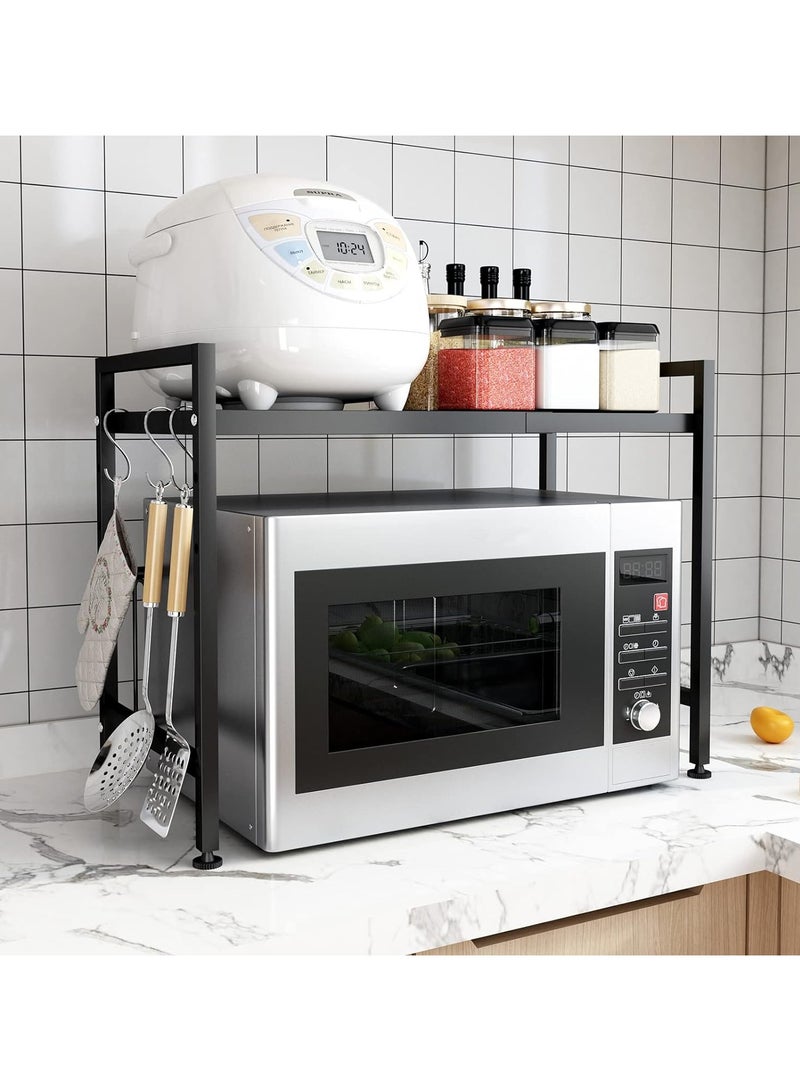 Extendable Microwave Oven Rack, Adjustable Microwave/Toaster Shelf Heavy Duty Stand Kitchen Counter Top Organizer, 2-Tier with 6 Hooks, Black - Image 2