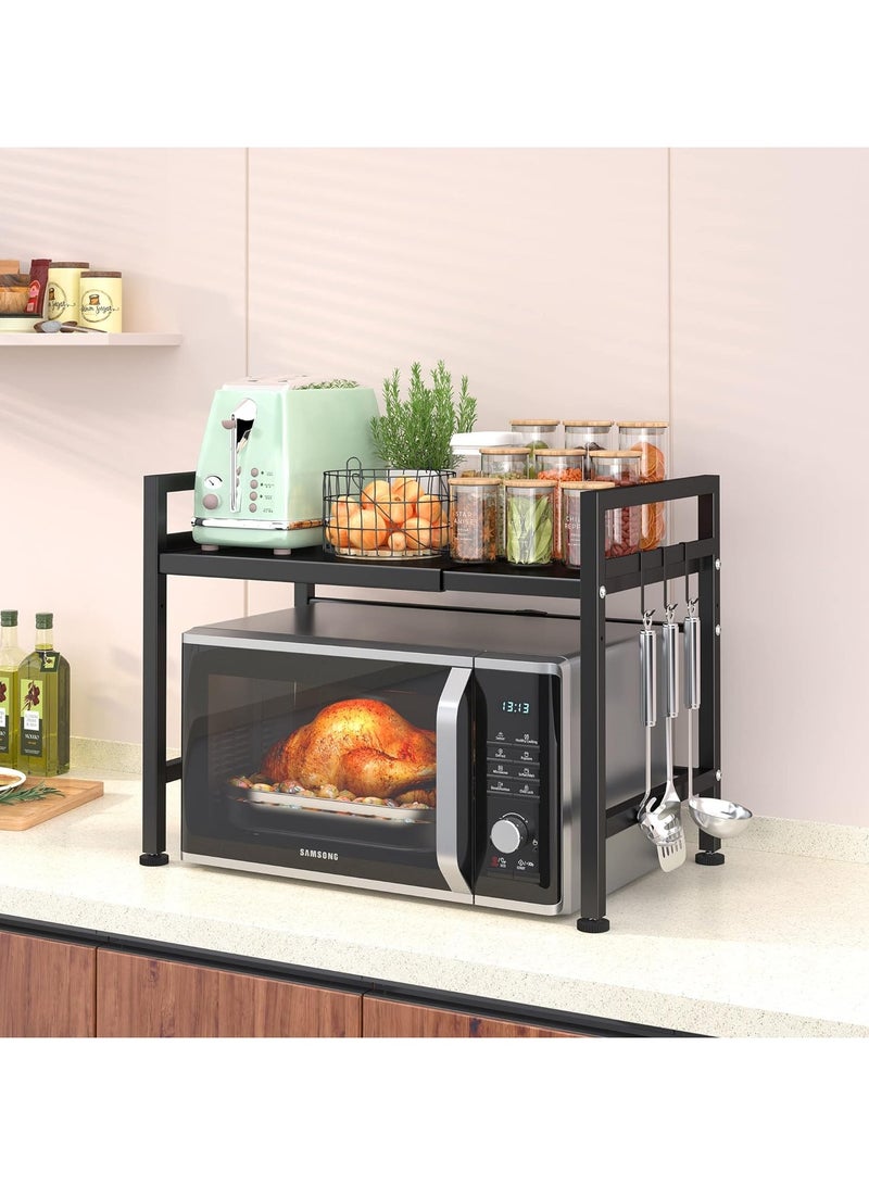 Extendable Microwave Oven Rack, Adjustable Microwave/Toaster Shelf Heavy Duty Stand Kitchen Counter Top Organizer, 2-Tier with 6 Hooks, Black - Image 3