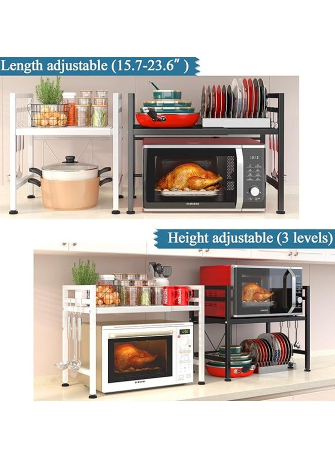 Extendable Microwave Oven Rack, Adjustable Microwave/Toaster Shelf Heavy Duty Stand Kitchen Counter Top Organizer, 2-Tier with 6 Hooks, Black - Image 5