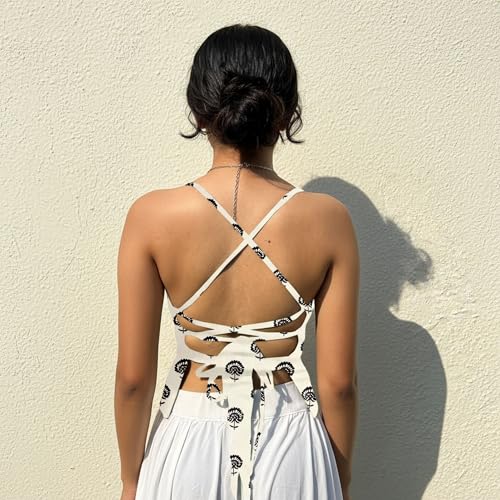 Aahwan White Printed Deep Round Neck Backless Short Indo-Western Ethnic Kurti Top for Women's & Girl's(364-White-M) - Image 2