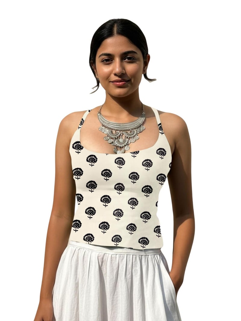 Aahwan White Printed Deep Round Neck Backless Short Indo-Western Ethnic Kurti Top for Women's & Girl's(364-White-M) - Image 1