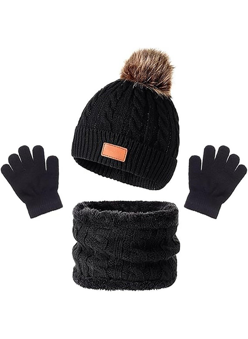 Arabest Kids Winter Hat, Gloves, and Scarf Set - Beanie With Knit Thick Warm Fleece for Children (Black) - Image 1