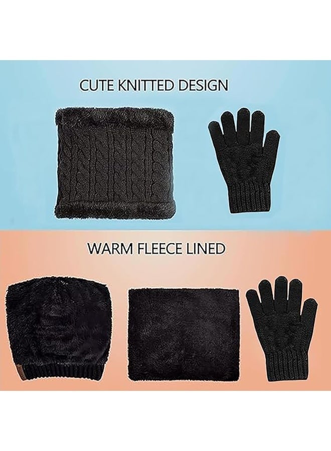 Arabest Kids Winter Hat, Gloves, and Scarf Set - Beanie With Knit Thick Warm Fleece for Children (Black) - Image 2
