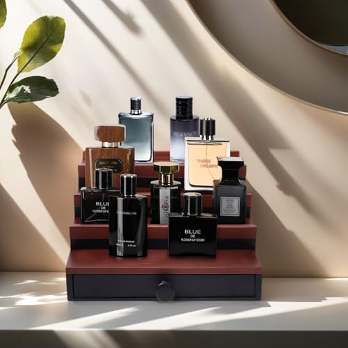 Fengligoo Cologne Organizer for Men - 4 Tier Walnut Black Wooden Cologne Display Stand with Drawer and Hidden Compartment, Mens Cologne Holder Shelf for Organizing and Storing, Walnut Black - Image 2