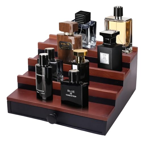 Fengligoo Cologne Organizer for Men - 4 Tier Walnut Black Wooden Cologne Display Stand with Drawer and Hidden Compartment, Mens Cologne Holder Shelf for Organizing and Storing, Walnut Black - Image 1