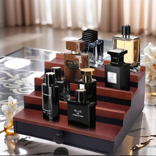 Fengligoo Cologne Organizer for Men - 4 Tier Walnut Black Wooden Cologne Display Stand with Drawer and Hidden Compartment, Mens Cologne Holder Shelf for Organizing and Storing, Walnut Black - Image 3